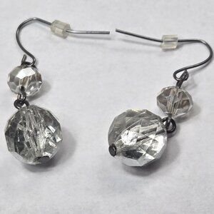 Vintage Clear Crystal Ball Looking Dangle Earrings Silver Color Costume Jewelry
